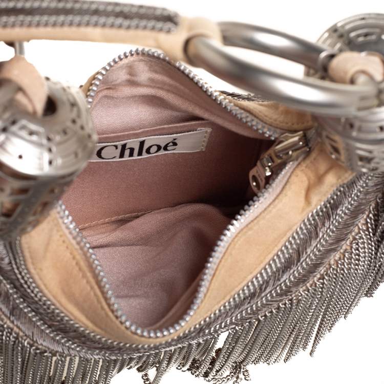 Pre Owned Chloe Cream Canvas Metal Fringed Crescent Hobo