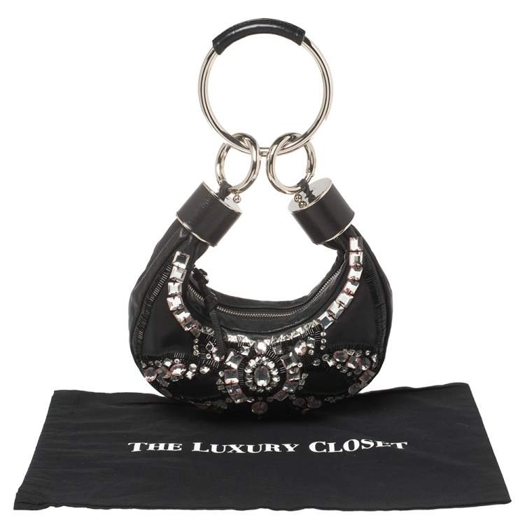 Pre Owned Chloe Black Leather Mini Crystal Embellished Crescent Hobo