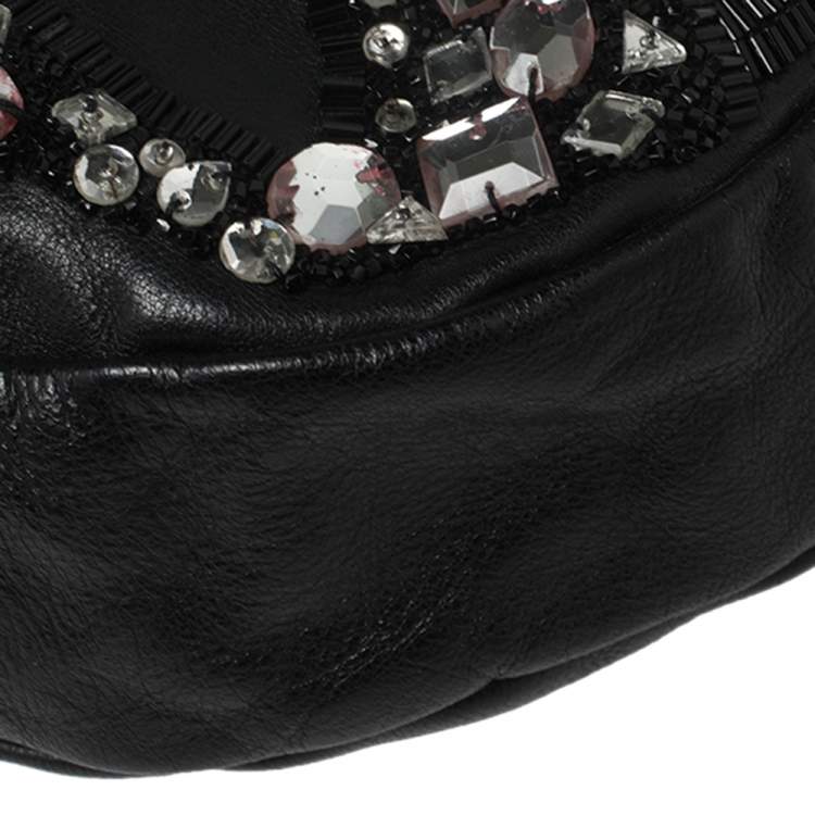 Pre Owned Chloe Black Leather Mini Crystal Embellished Crescent Hobo