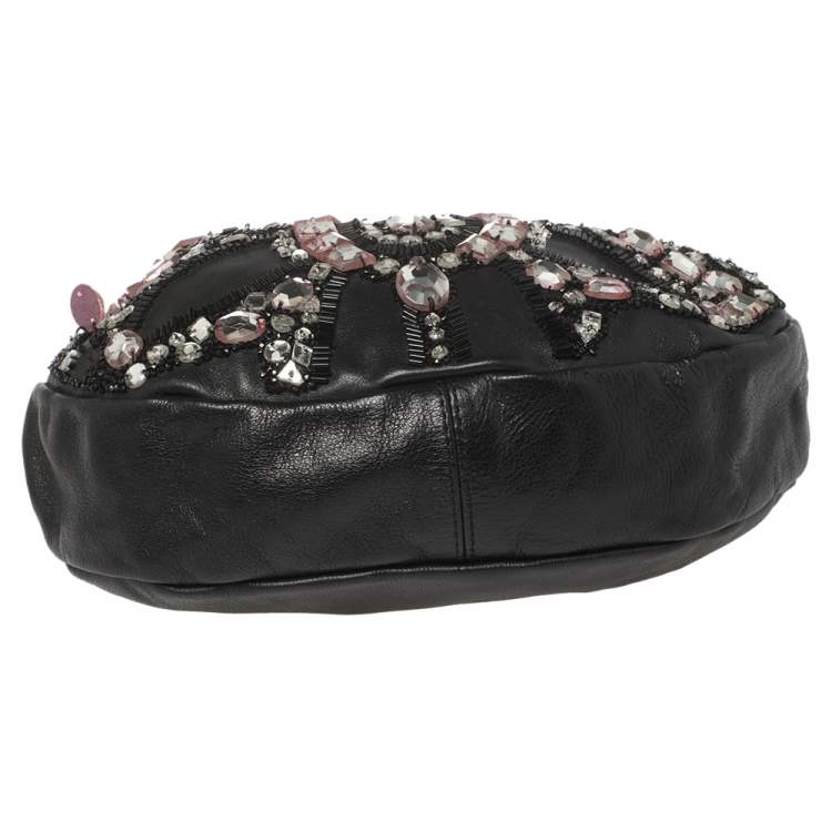 Pre Owned Chloe Black Leather Mini Crystal Embellished Crescent Hobo