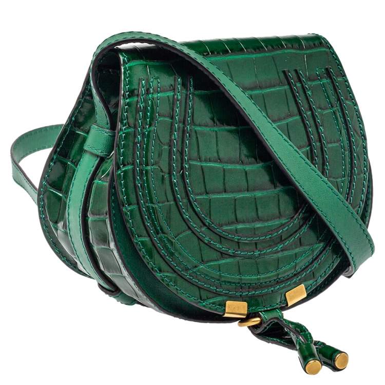 Pre Owned Chloe Green Croc Embossed Leather Mini Marcie Crossbody Bag
