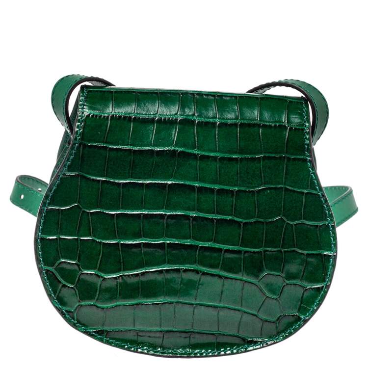 Pre Owned Chloe Green Croc Embossed Leather Mini Marcie Crossbody Bag