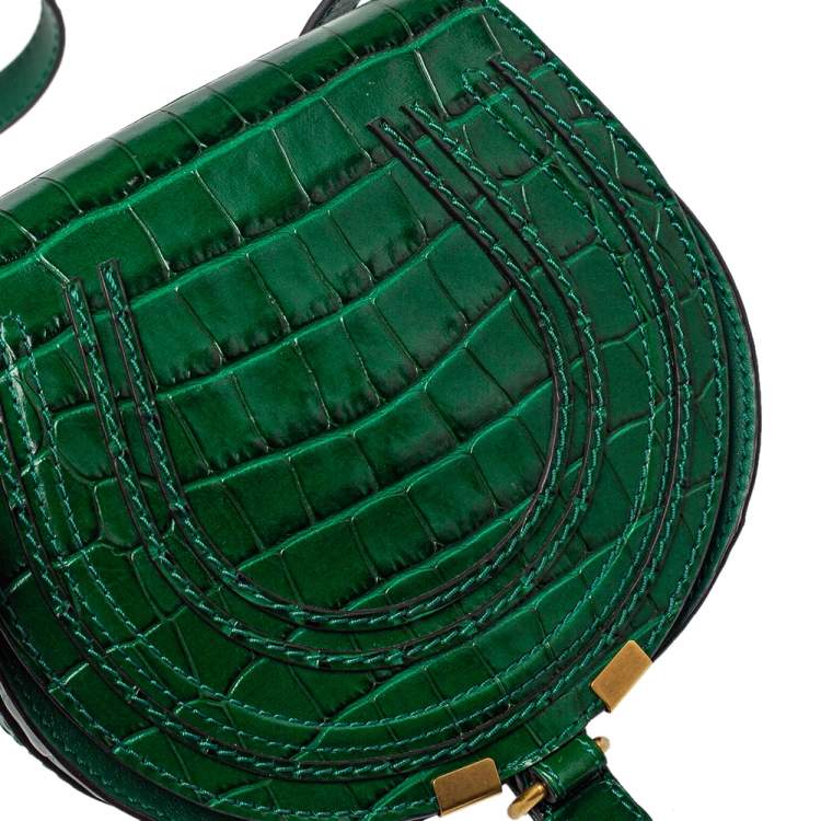 Pre Owned Chloe Green Croc Embossed Leather Mini Marcie Crossbody Bag