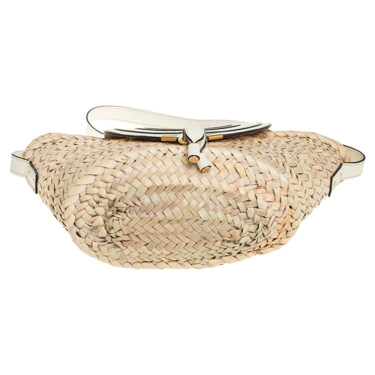 Pre Owned Chloe White/Beige Woven Raffia and Leather Small Marcie Basket Bag