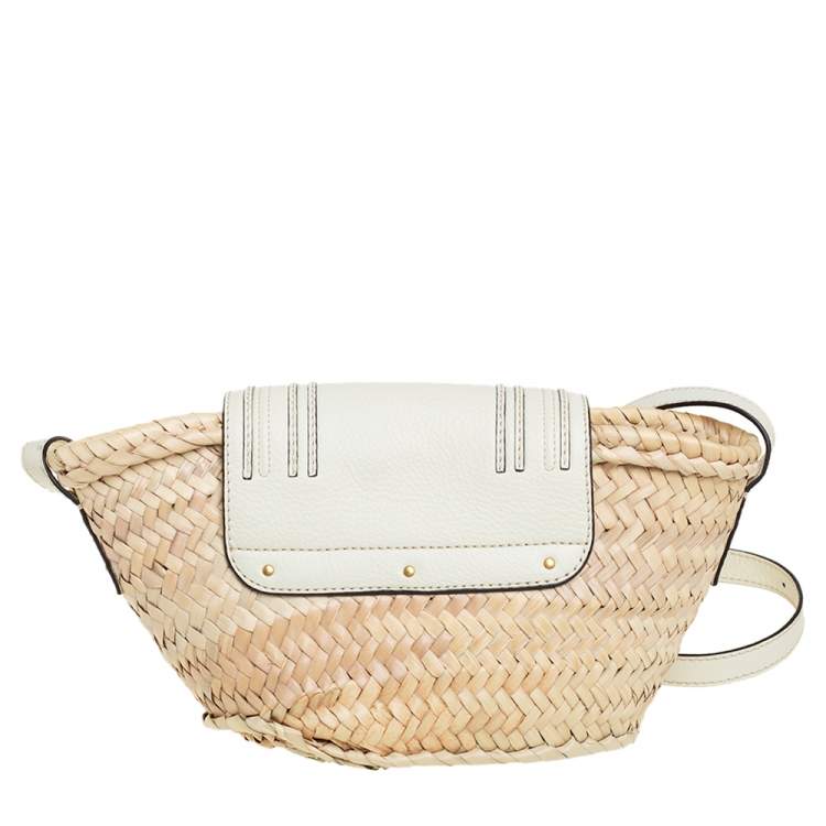 Pre Owned Chloe White/Beige Woven Raffia and Leather Small Marcie Basket Bag