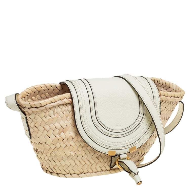 Pre Owned Chloe White/Beige Woven Raffia and Leather Small Marcie Basket Bag