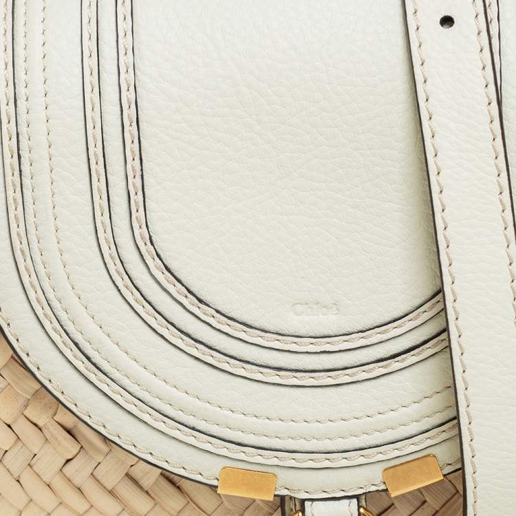 Pre Owned Chloe White/Beige Woven Raffia and Leather Small Marcie Basket Bag