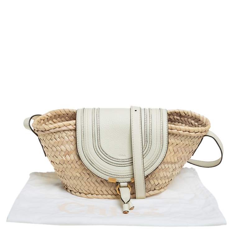 Pre Owned Chloe White/Beige Woven Raffia and Leather Small Marcie Basket Bag