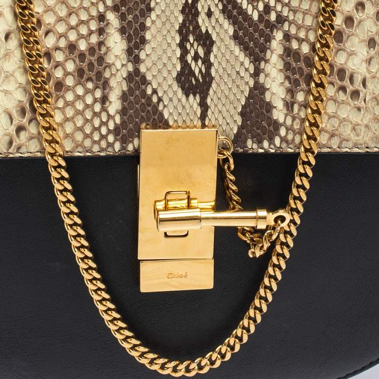 Pre Owned Chloe Black/Orange Leather and Suede Medium Drew Shoulder Bag