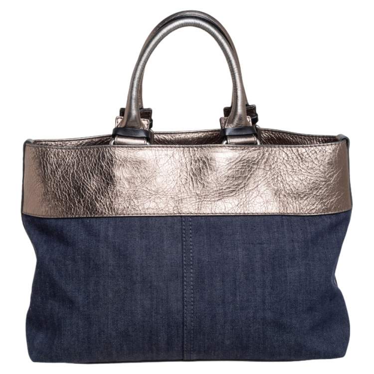Pre Owned Chloe Metalic/Blue Canvas And Denim Logo Satchel 