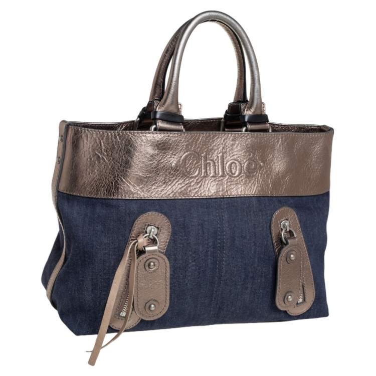 Pre Owned Chloe Metalic/Blue Canvas And Denim Logo Satchel 