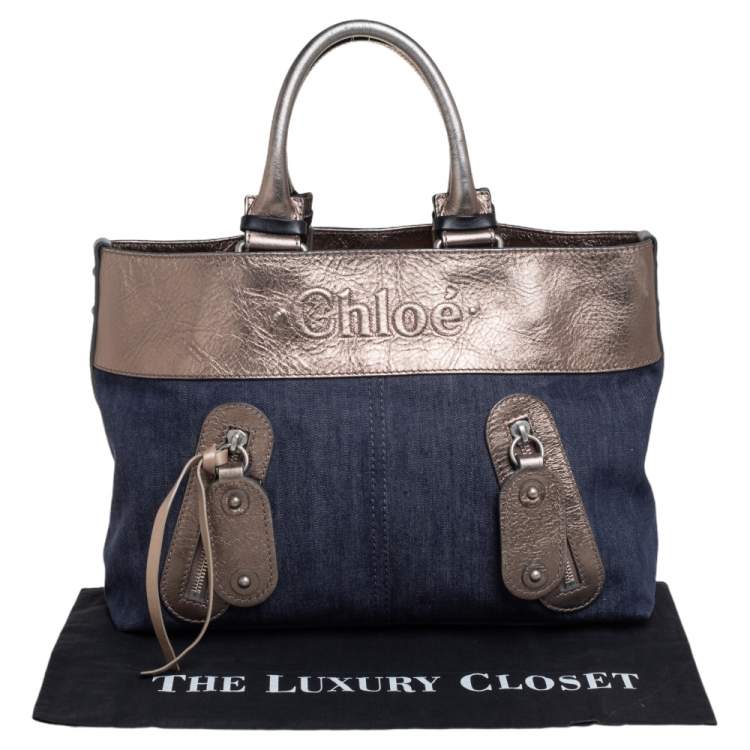 Pre Owned Chloe Metalic/Blue Canvas And Denim Logo Satchel 