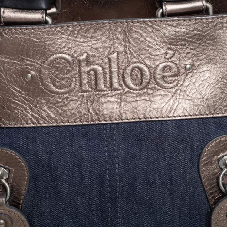 Pre Owned Chloe Metalic/Blue Canvas And Denim Logo Satchel 