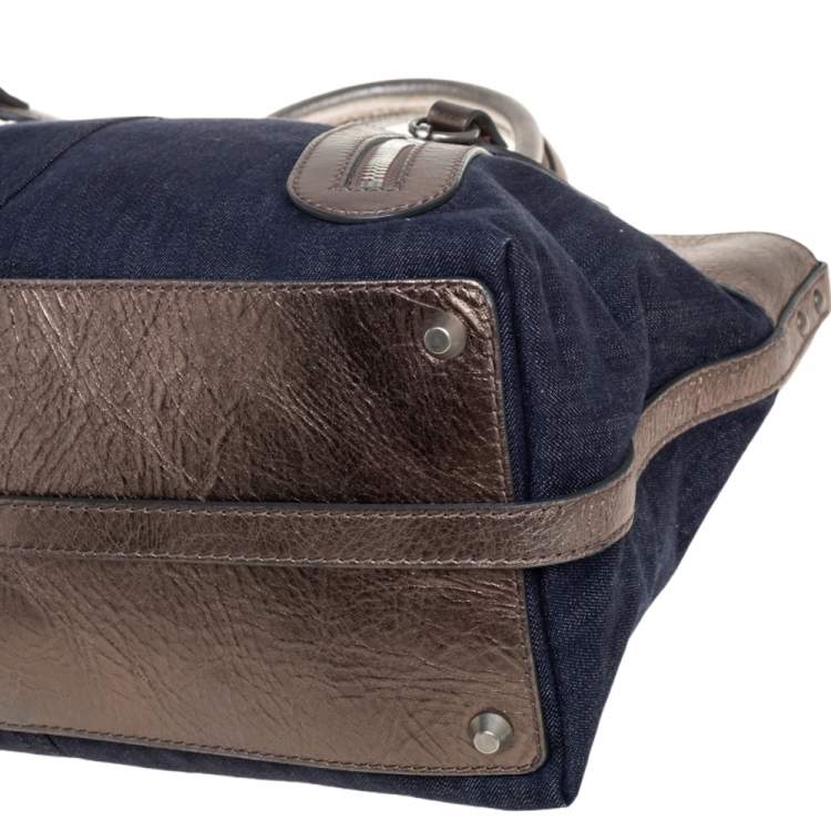 Pre Owned Chloe Metalic/Blue Canvas And Denim Logo Satchel 