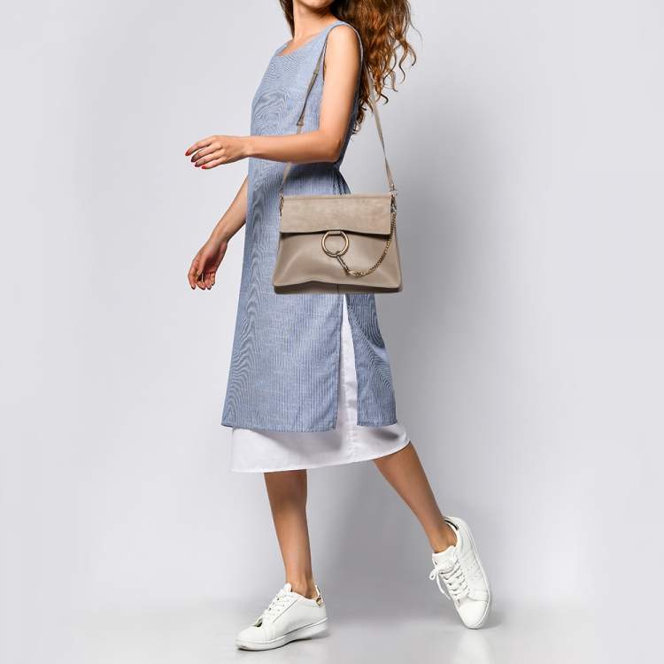 Pre Owned Chloe Grey Leather and Suede Medium Faye Shoulder Bag