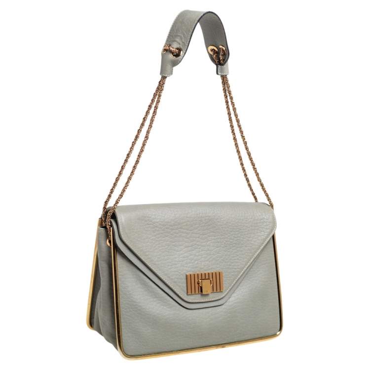 Pre Owned Chloe Grey Pebbled Leather Medium Sally Flap Shoulder Bag