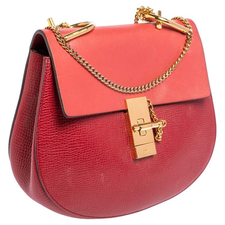 Pre Owned Chloe Two Tone Red Leather Medium Drew Shoulder Bag