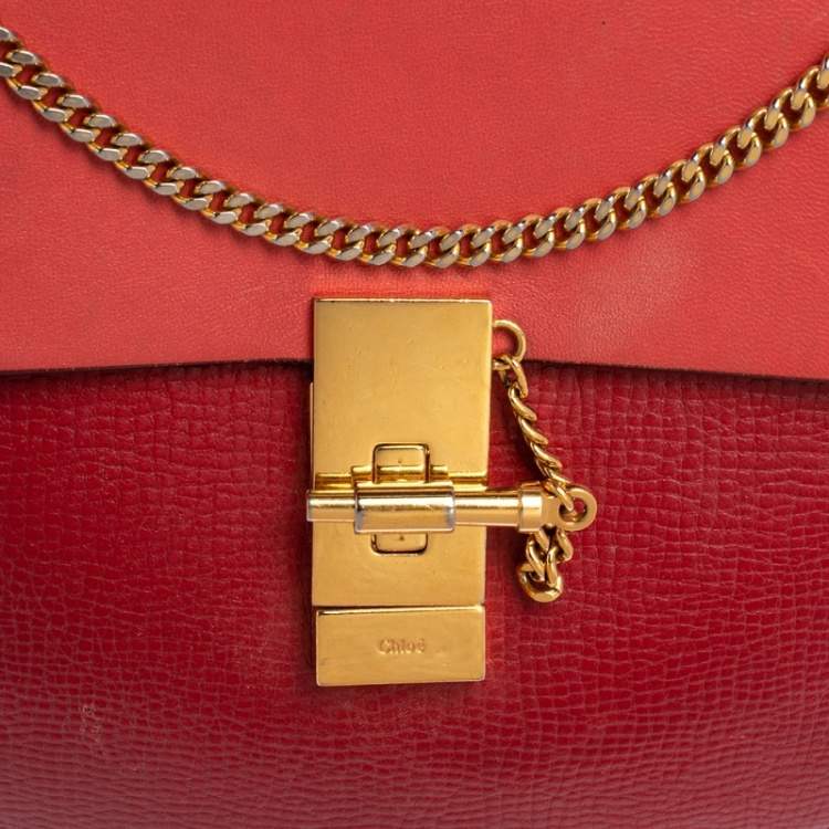 Pre Owned Chloe Two Tone Red Leather Medium Drew Shoulder Bag