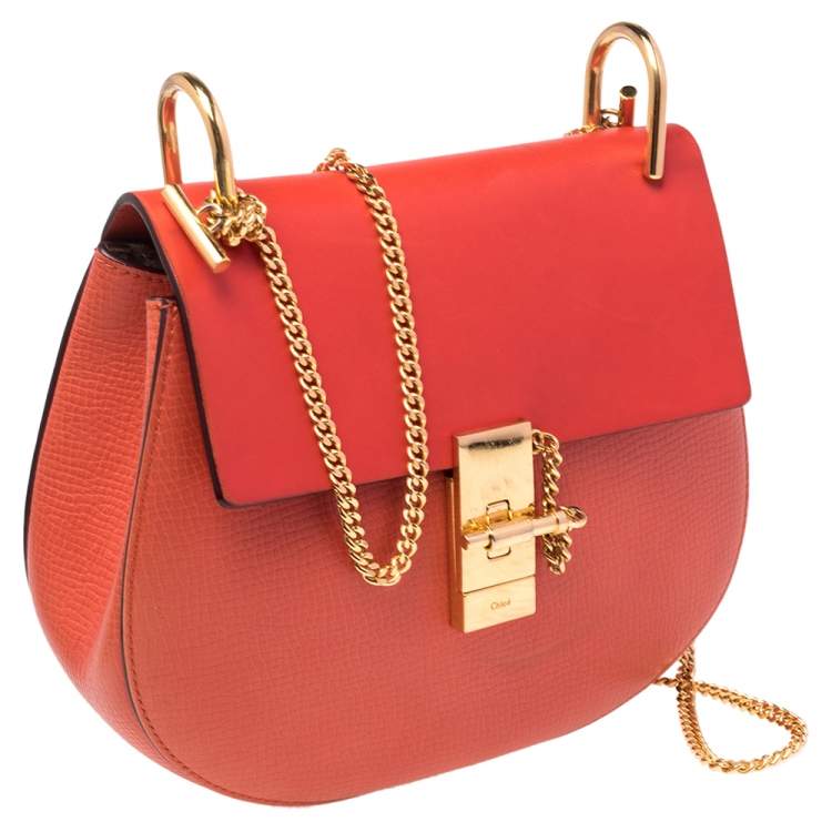 Pre Owned Chloe Coral Orange Leather Medium Drew Shoulder Bag