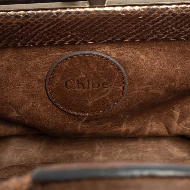 Pre Owned Chloe Metallic Beige/Grey Snakeskin Kisslock Frame Satchel