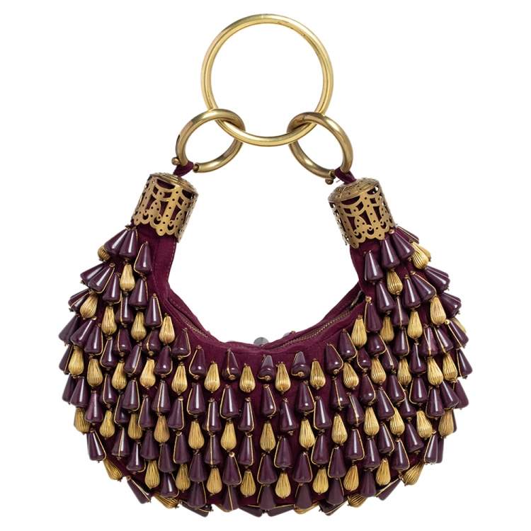 Pre Owned Chloe Purple Beaded Canvas Ring Handle Hobo