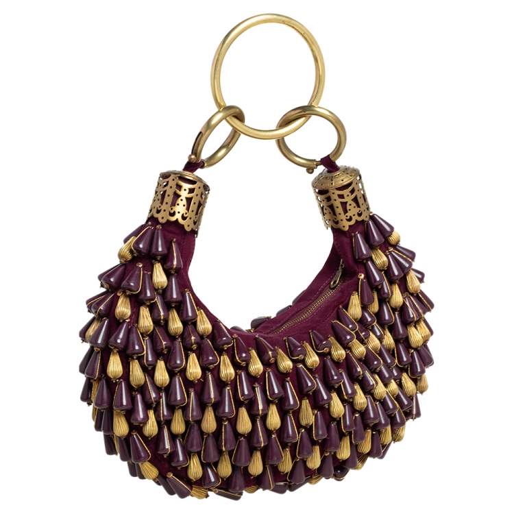 Pre Owned Chloe Purple Beaded Canvas Ring Handle Hobo