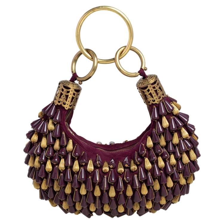 Pre Owned Chloe Purple Beaded Canvas Ring Handle Hobo