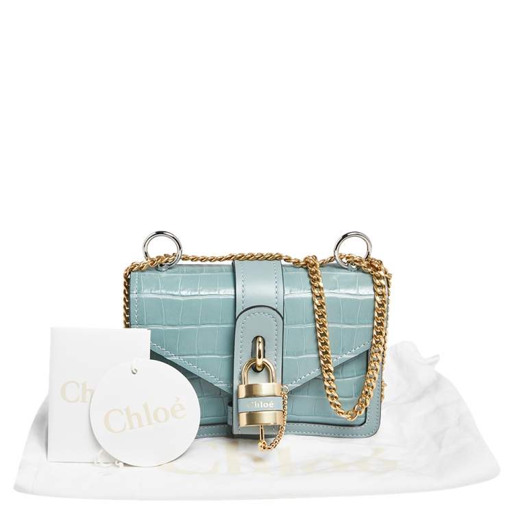 Pre Owned Chloe Pale Green Croc Embossed Leather Mini Aby Shoulder Bag