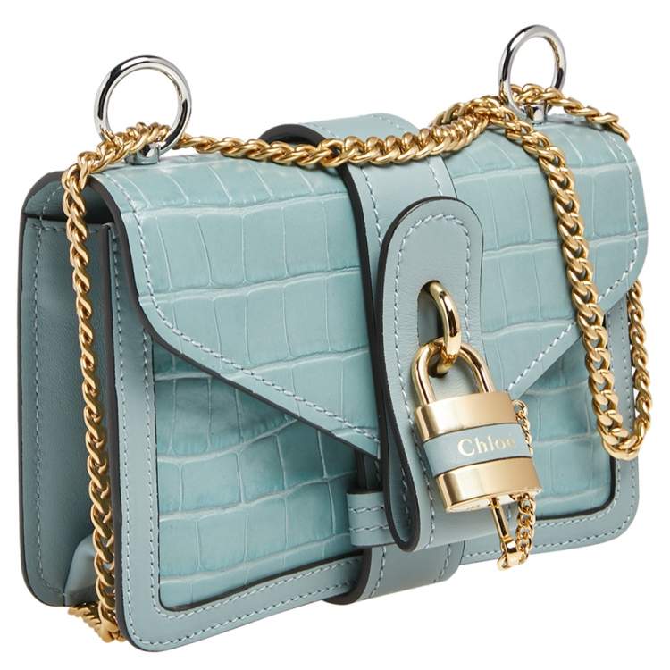 Pre Owned Chloe Pale Green Croc Embossed Leather Mini Aby Shoulder Bag