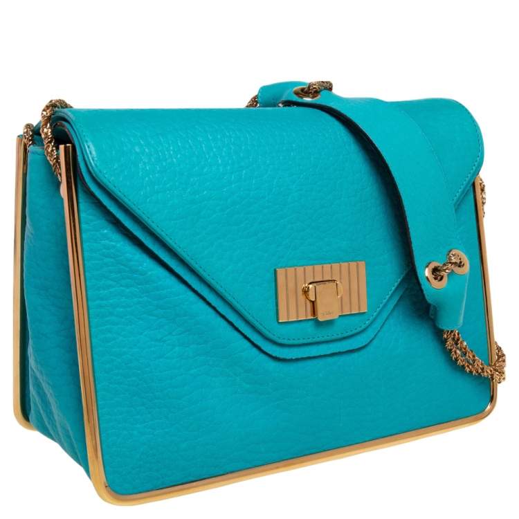 Pre Owned Chloe Blue Lagoon Pebbled Leather Limited Edition Medium Sally Flap Shoulder Bag