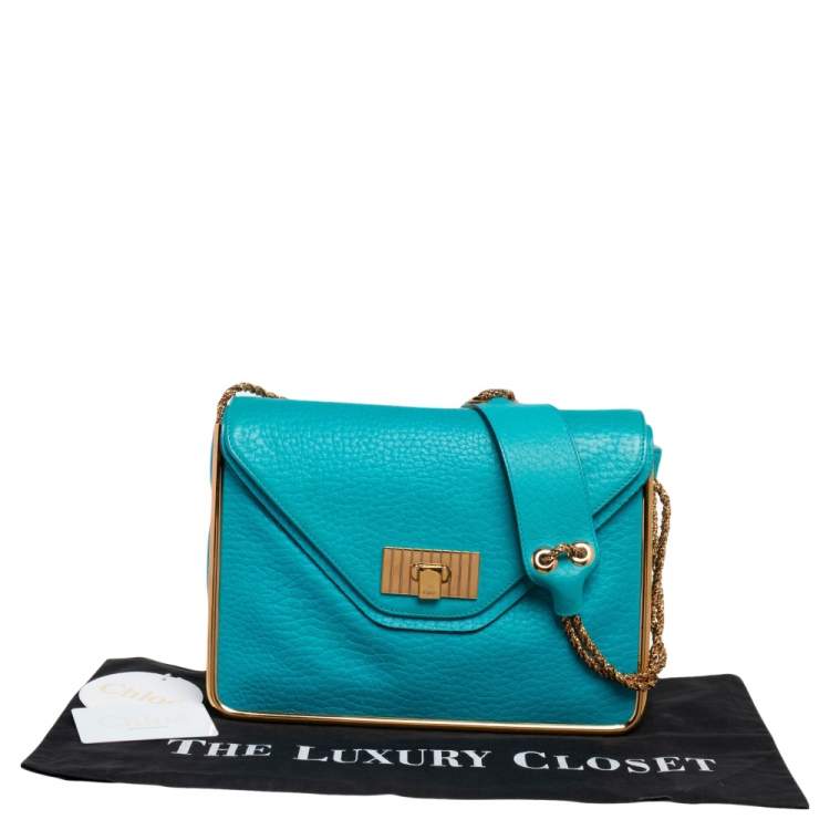Pre Owned Chloe Blue Lagoon Pebbled Leather Limited Edition Medium Sally Flap Shoulder Bag