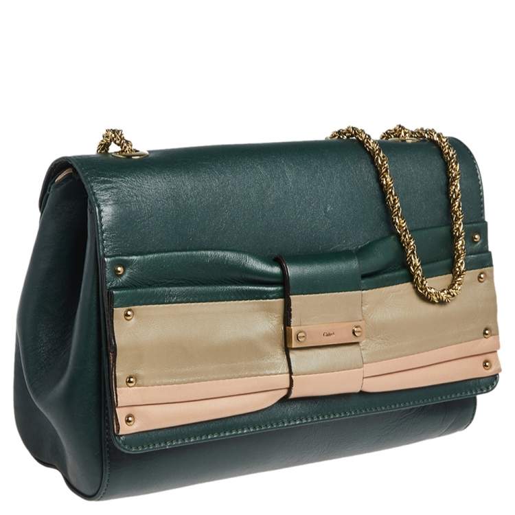 Pre Owned Chloe Green/Beige Leather Bow Flap Shoulder Bag