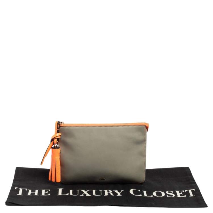 Pre Owned Chloe Grey/Orange Leather Top Zip Pouch 