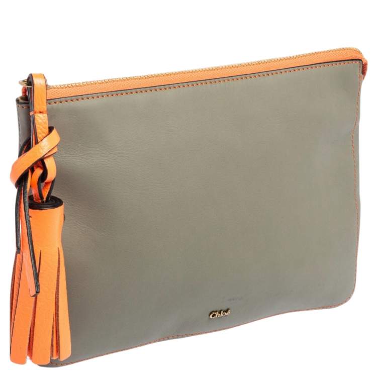 Pre Owned Chloe Grey/Orange Leather Top Zip Pouch 