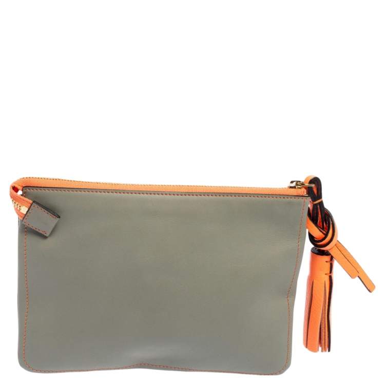Pre Owned Chloe Grey/Orange Leather Top Zip Pouch 