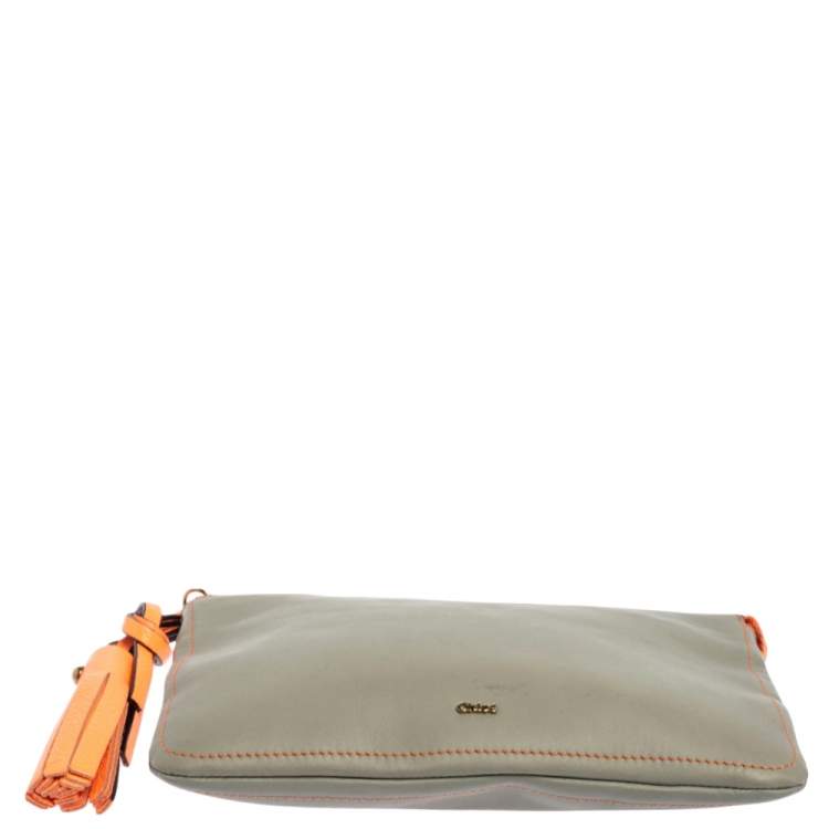 Pre Owned Chloe Grey/Orange Leather Top Zip Pouch 