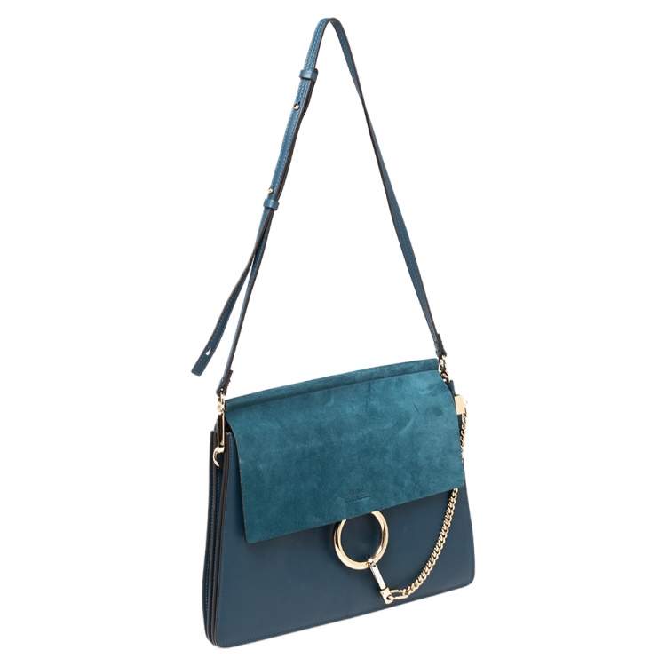 Pre Owned Chloe Teal Blue Leather and Suede Medium Faye Shoulder Bag
