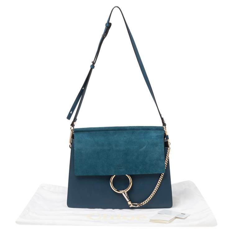Pre Owned Chloe Teal Blue Leather and Suede Medium Faye Shoulder Bag