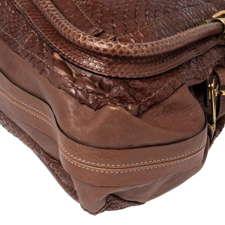 Pre Owned Chloe Brown Python Leather Large Paraty Shoulder Bag