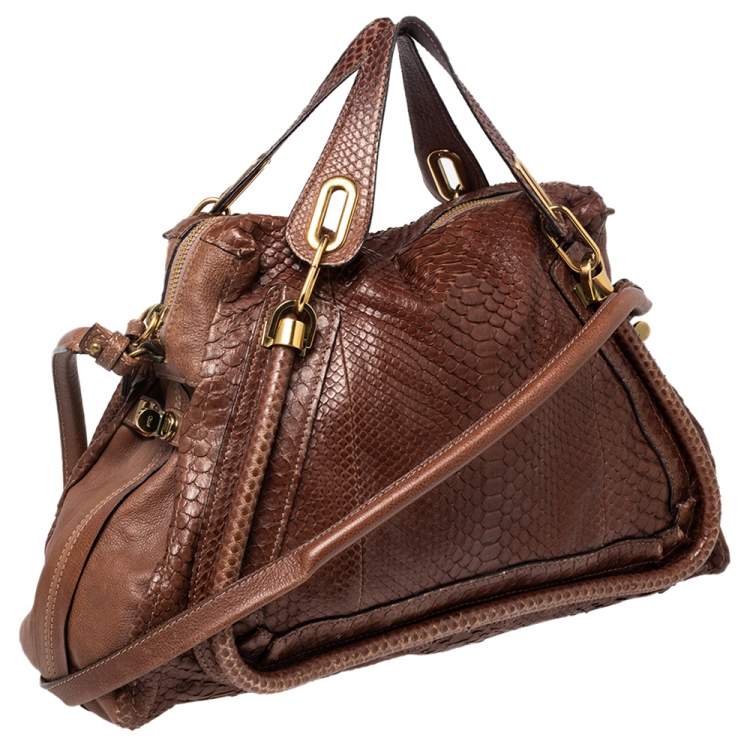 Pre Owned Chloe Brown Python Leather Large Paraty Shoulder Bag