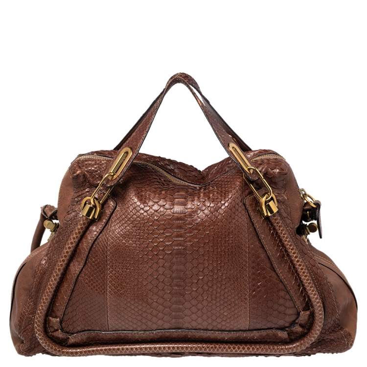 Pre Owned Chloe Brown Python Leather Large Paraty Shoulder Bag