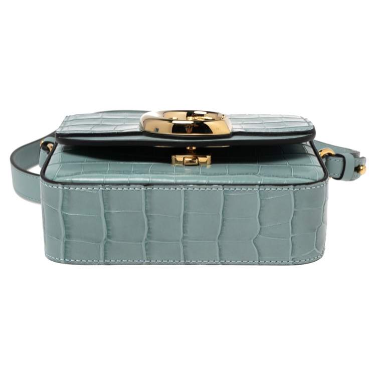 Pre Owned Chloe Blue Croc Embossed Leather Mini C Top Handle Bag