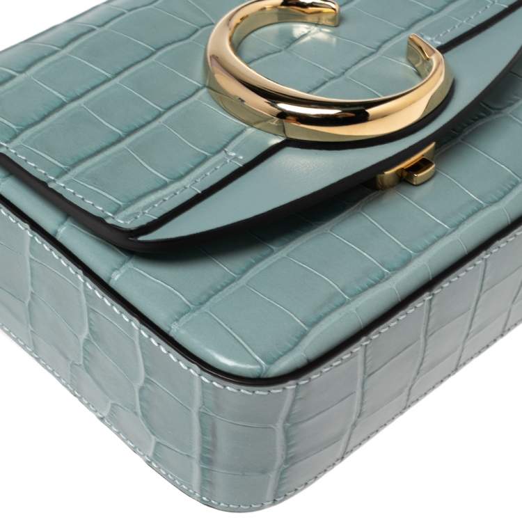 Pre Owned Chloe Blue Croc Embossed Leather Mini C Top Handle Bag