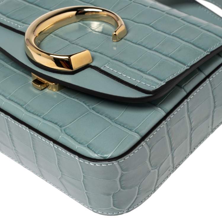 Pre Owned Chloe Blue Croc Embossed Leather Mini C Top Handle Bag