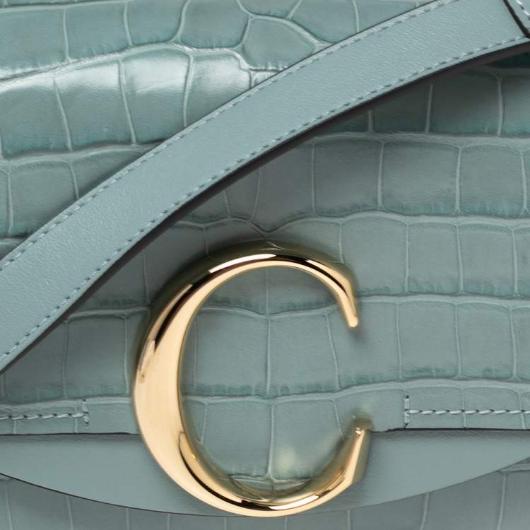 Pre Owned Chloe Blue Croc Embossed Leather Mini C Top Handle Bag