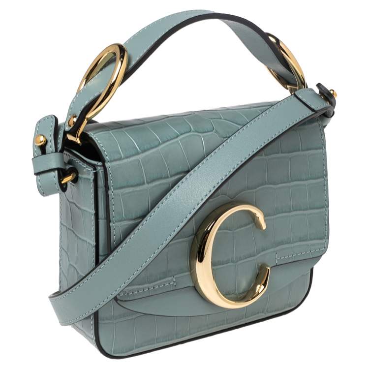 Pre Owned Chloe Blue Croc Embossed Leather Mini C Top Handle Bag