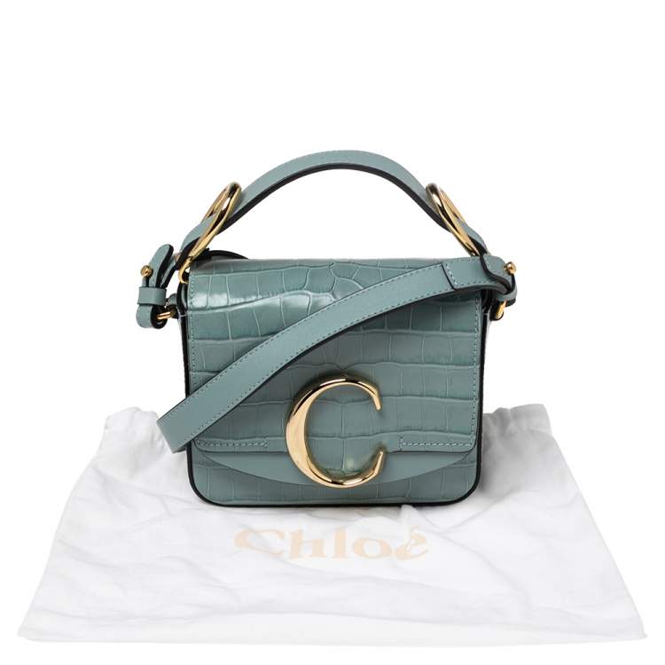 Pre Owned Chloe Blue Croc Embossed Leather Mini C Top Handle Bag