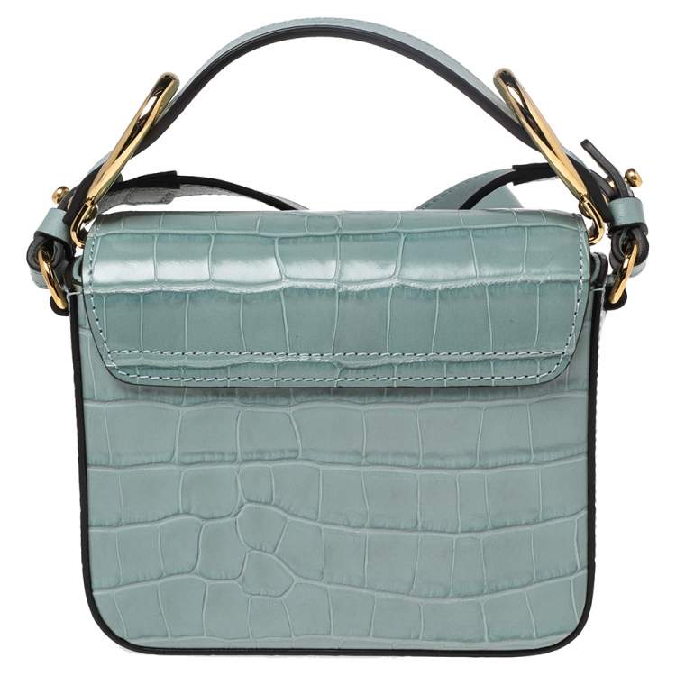 Pre Owned Chloe Blue Croc Embossed Leather Mini C Top Handle Bag