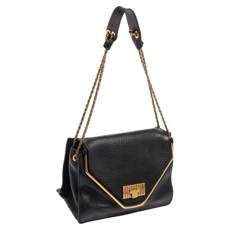 Pre Owned Chloe Black Pebbled Leather Medium Sally Flap Shoulder Bag