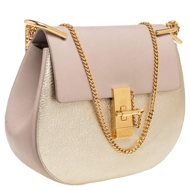 Pre Owned Chloe Beige/Metallic Gold Leather Medium Drew Shoulder Bag